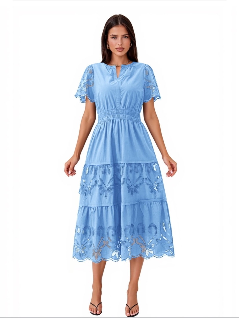 Light Blue Eyelet Midi Dress with Smocked Waist